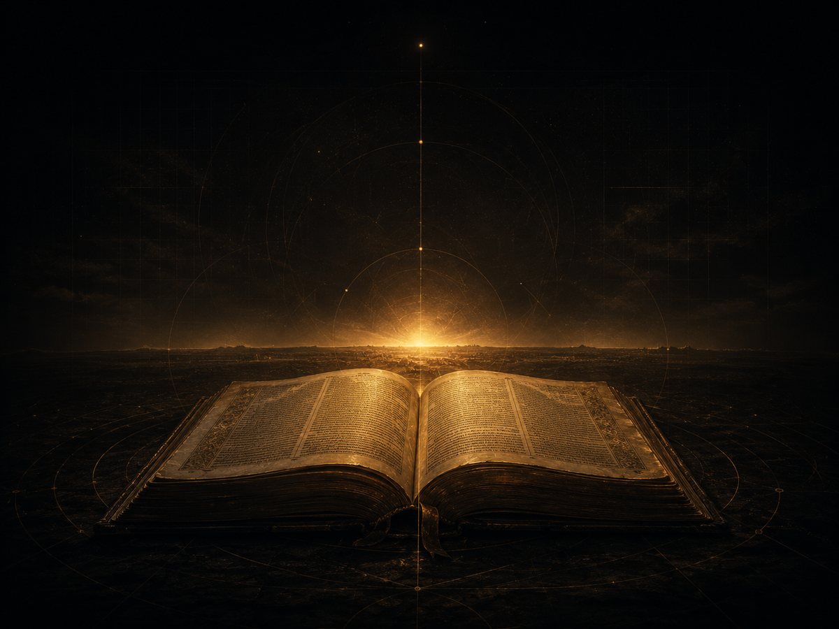 An open illuminated manuscript glows against a dark horizon with subtle geometric framework lines.